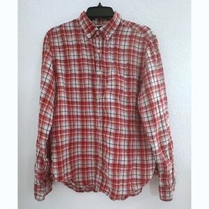 Banana Republic Camden Fit Men's Red Plaid Shirt M 100% Linen Cowboy Cottage